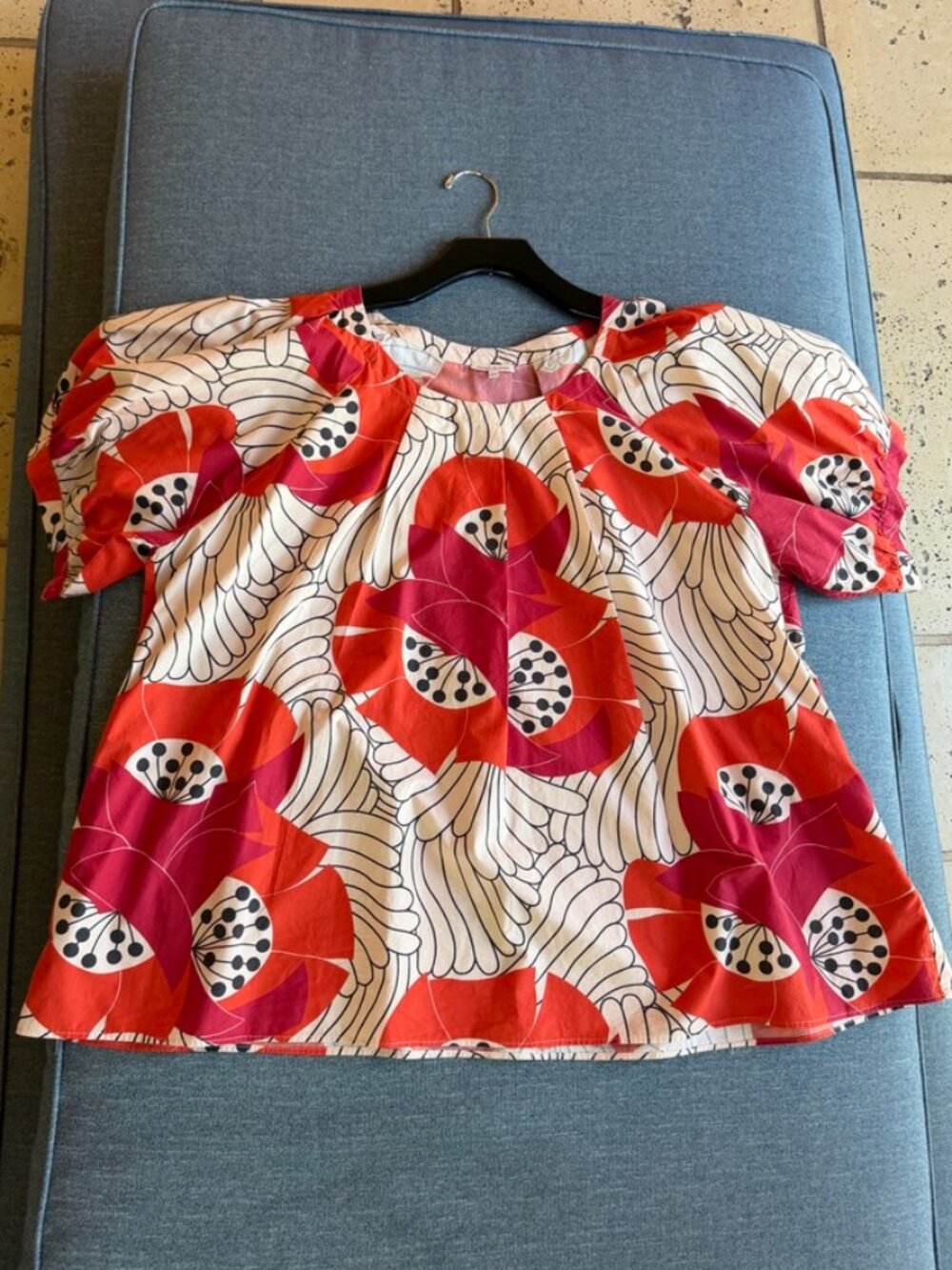 Frances Valentine- Puffy Sleeve, Poppy Print,  A-line Top with Pockets - Picture 3 of 9